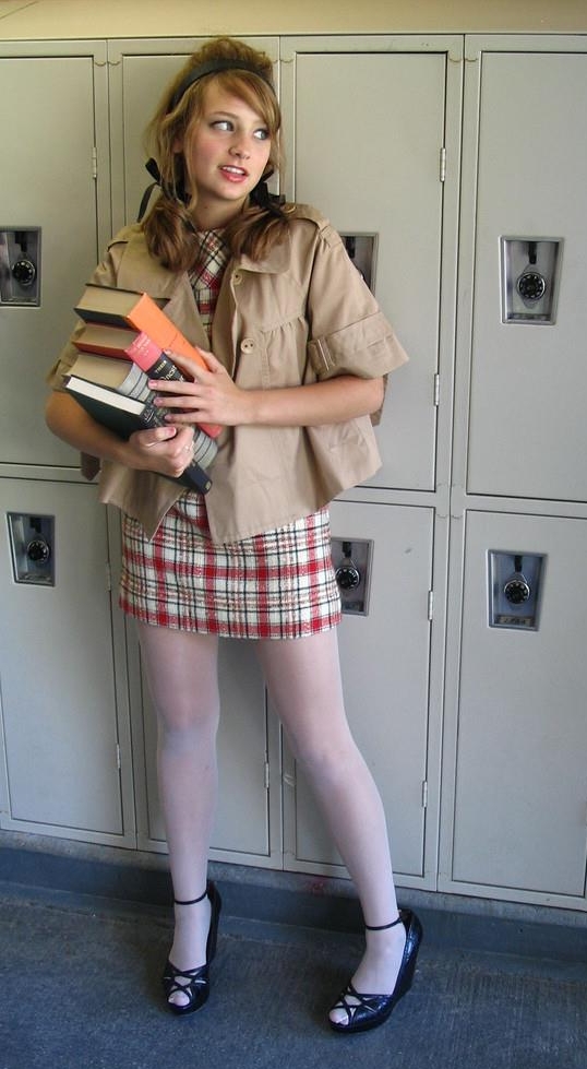 Blonde Schoolgirl wearing White Opaque Pantyhose and Black Sandal High Heels
